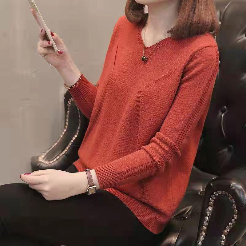 Autumn V-neck Sweater Women Pullover Fashion Long Sleeve Knitted Sweater Jumper Ladies Bottoming Knitwear Female One size