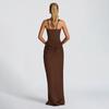 2026 Spring European & American Style Square Neck Pleated Spaghetti Strap Waist-Cinched Hip-Hugging Long Dress