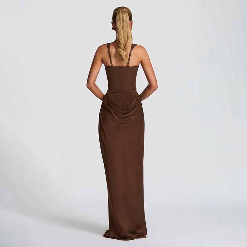 2026 Spring European & American Style Square Neck Pleated Spaghetti Strap Waist-Cinched Hip-Hugging Long Dress