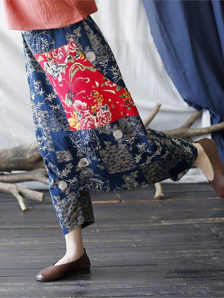 Johnature Women Vintage Patchwork Cross-pants Elastic Waist Spring Trouser Loose Casual Women Cotton Linen Pants