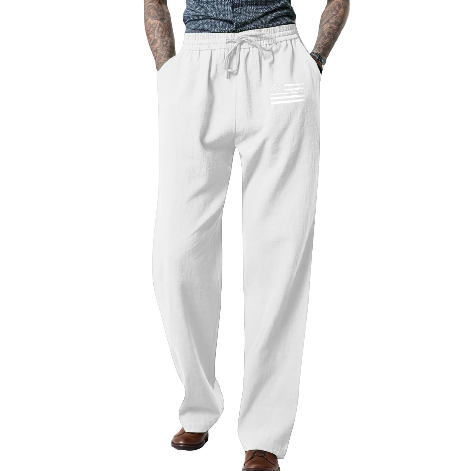 

Men s Loose Casual Cotton Linen Trousers Elastic Tie Printed Straight Pants XL білий