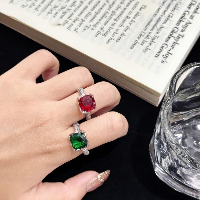 Popular European and American luxury square ice flower cut high carbon diamond ring, celebrity feeling colored treasure ring