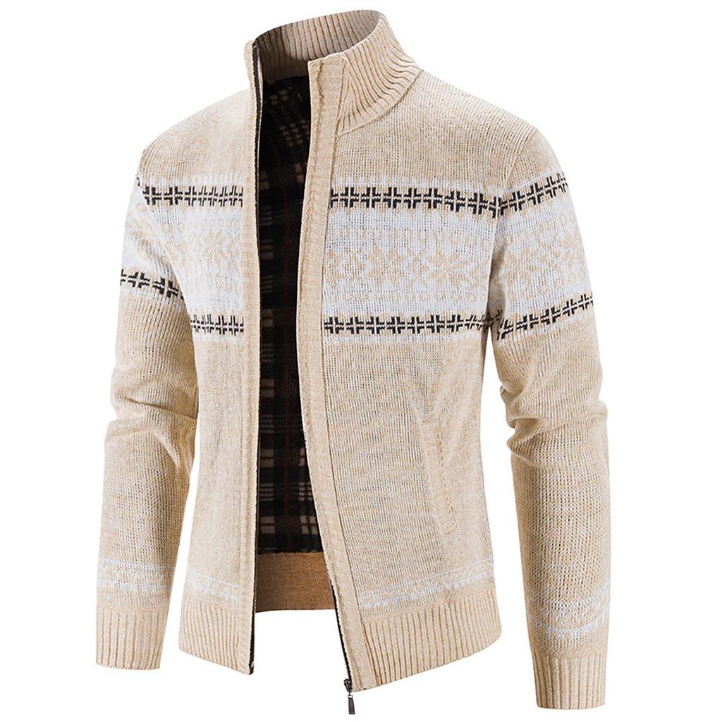 Men's Casual  Winter Zipper Sweater Stand Collar Printed Cardigan Tops Sweater Blouse Coat