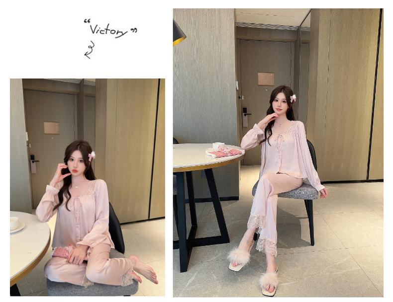Summer 2026 Women's Ice Silk Pajamas - Long Sleeve & Pants, Sweet Pure Desire, Light Luxury, Sexy Homewear