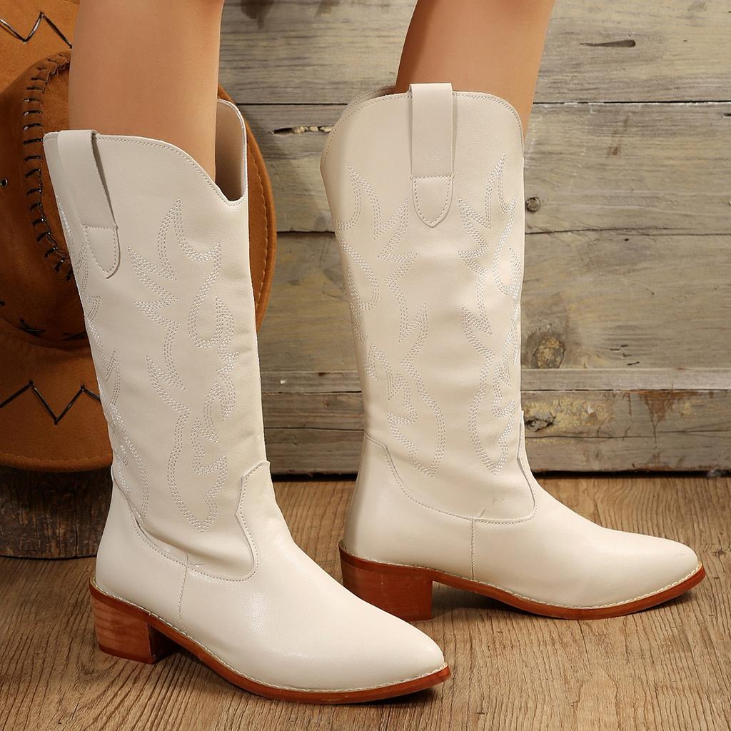 Fashion Plus Size 43 New Women's Embroidered Western Knee High Boots Cowboy Cowgirl Boots Chunky Heel Platform Boots Women Western Shoes