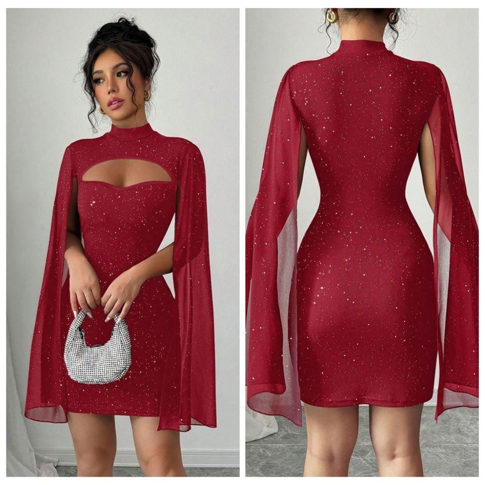 A-line Women Glitter Party Dress Sparkling Slim Evening Dress Chiffon Cape Red Dress  Ladies Girl