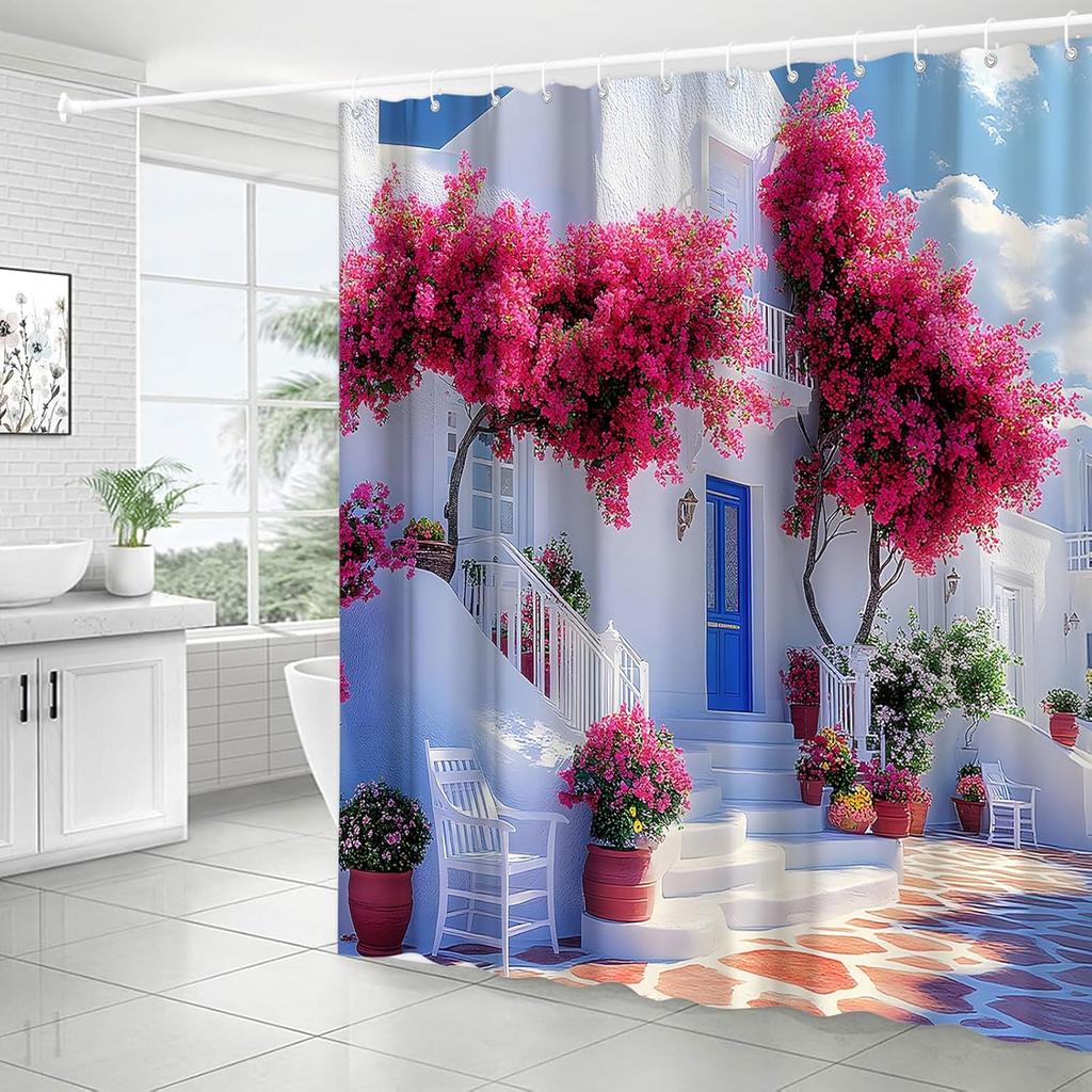 Greek Alley Shower Curtain Whitewashed Walls Terracotta Pots Flowers Polyester Machine Washable With 12 Hooks For Bathroom Decor