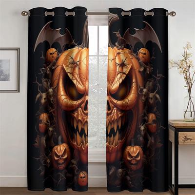 3D Horror Pumpkin Head Curtain Skull Halloween Style 2 Panel Fit Living Room Bedroom Kitchen Balcony Window Decor
