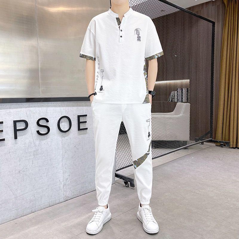 Ice Silk Two-piece Men's Casual Suit Summer Nine-point Pants Embroidered Short-sleeved T Sports Suit