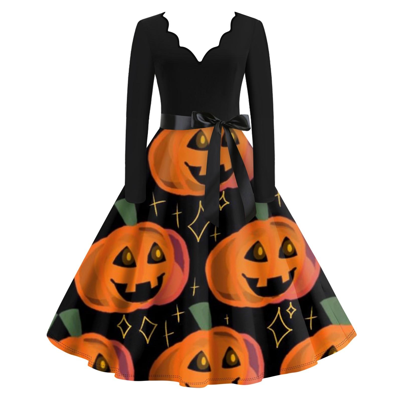 

Расклешенное платье с принтом Хэллоуина для женщин Платье с длинным рукавом Повседневные платья XXL шафрановый