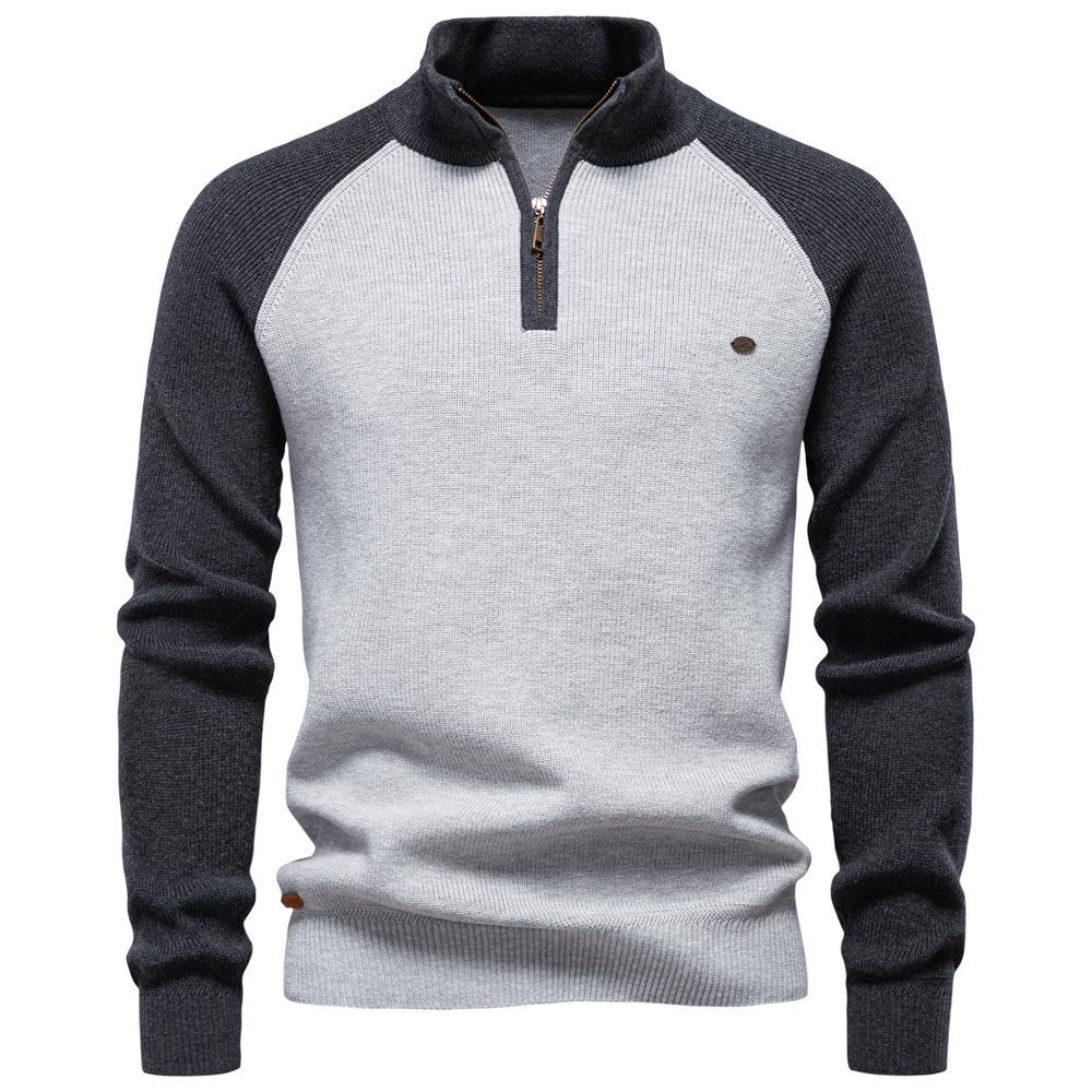

Men s Color Block Knit Sweater Casual Quarter Zip Stand Collar Raglan Sleeve Pullover XXL світло-сірого кольору