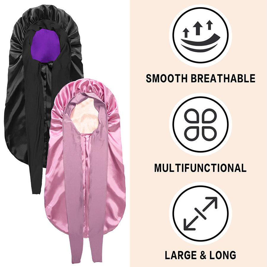 Women Extra Large Hair Long Silk Bonnet Cap & Elastic Satin Hair Band Comfortable Head Cover Night Sleep Hat for Sleeping Shower