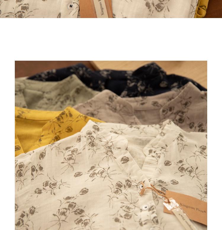 Chemise en Coton et Lin à Manches Longues et Décolleté en V Florale Gorge d'Hiver – Style Printanier Élégant pour Femme