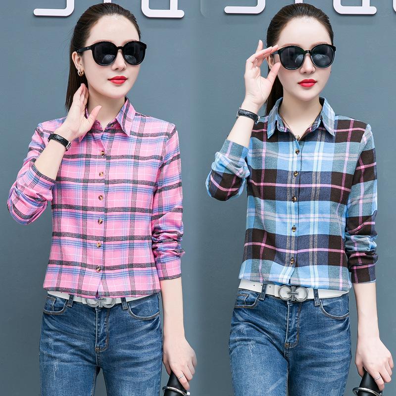 Geruit Overhemd Dames Honderd Dames Tops Los Retro Hong Kong Smaak Lange Mouw Overhemd