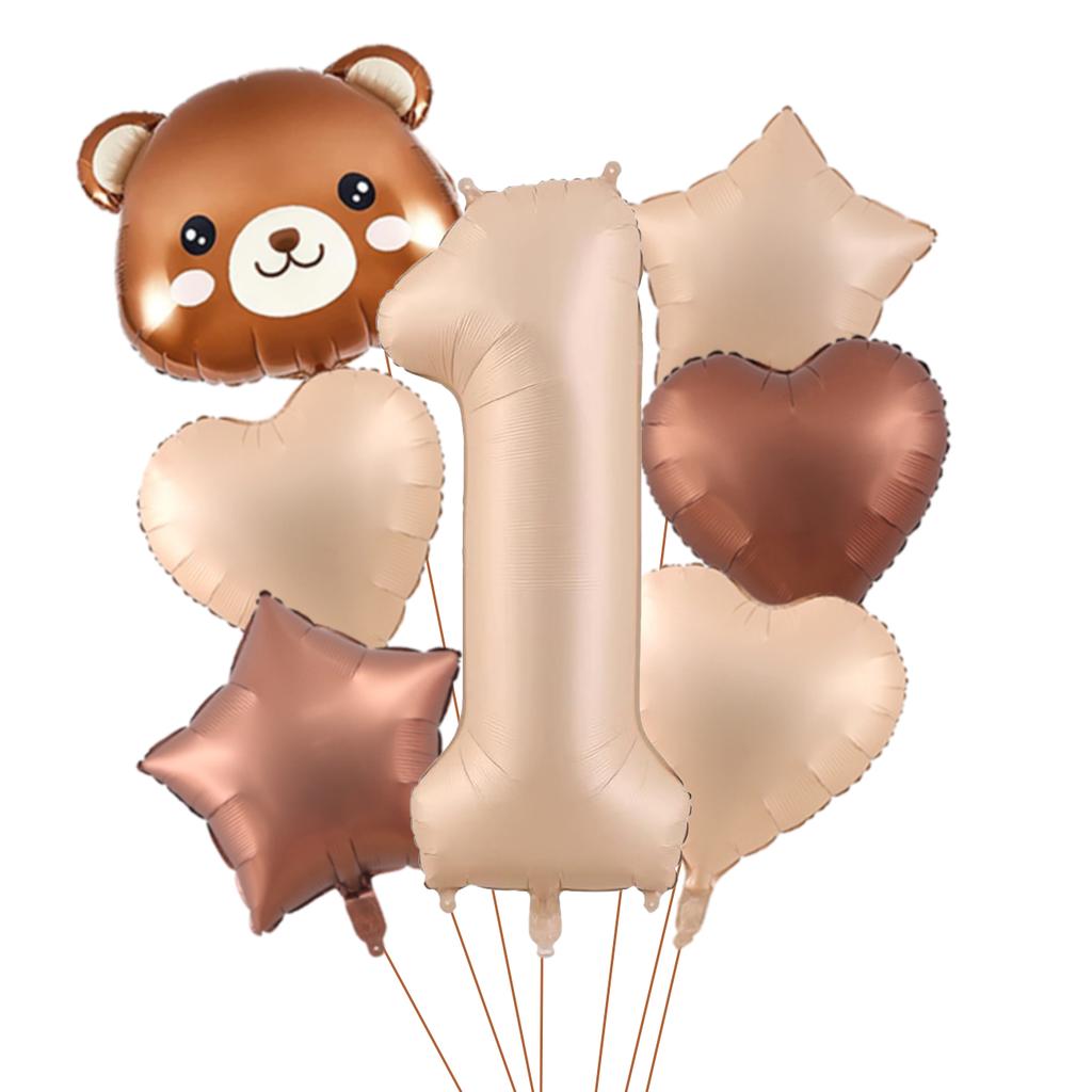 7pcs Cute Bear Balloon Set with 32 Inch Caramel Digital Aluminum Foil Balloon for Birthday Party Decoration Baby Shower Supplies