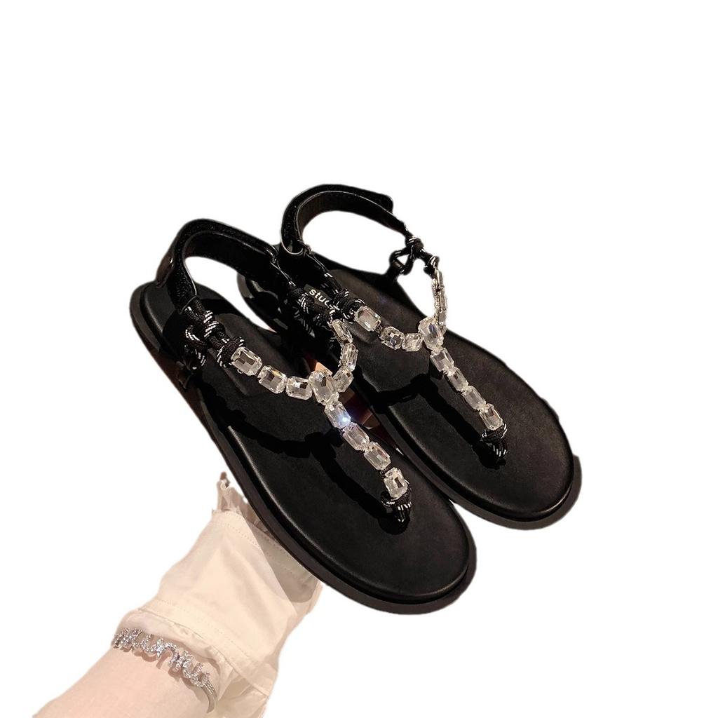 Grape Mom Huizhou Women's Shoes 2025 Spring and Summer Sparkling Rhinestone Flat Shoes Knot Flip-flops Sandals Women's Fashion