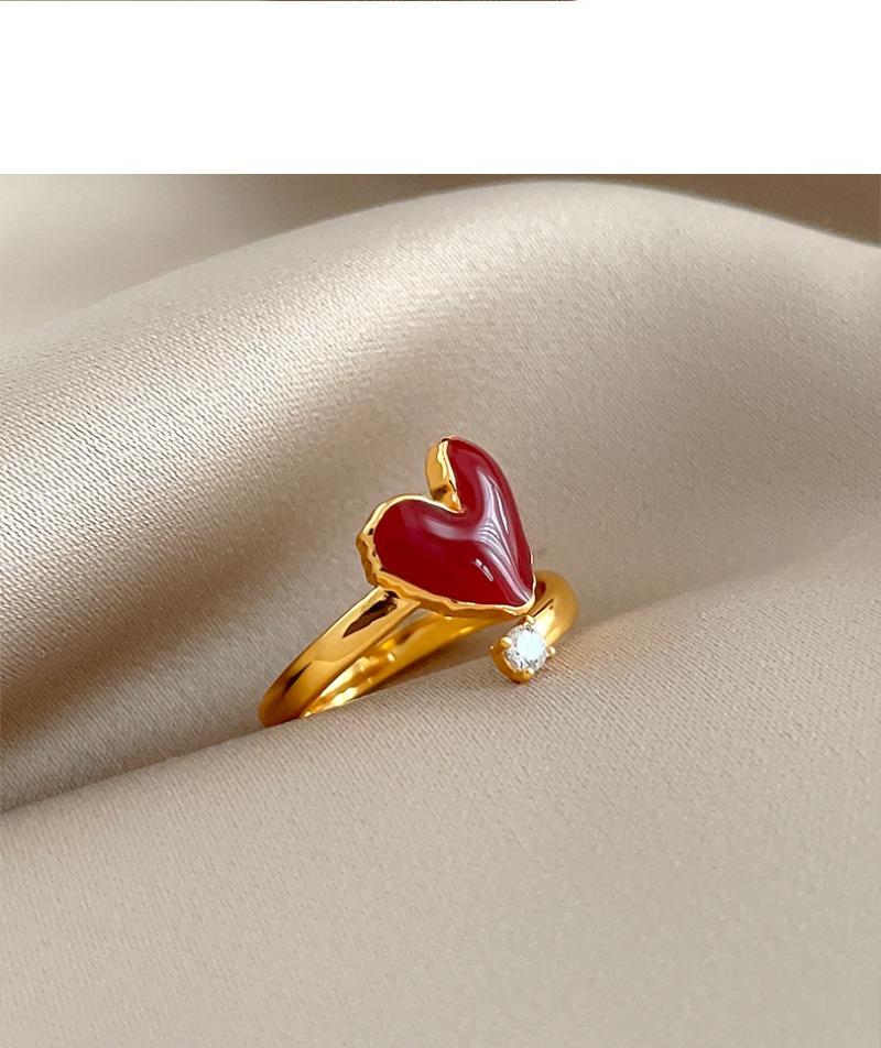 18K Echts Rosegold plattiertes Kupfer Stilvolle Rote Emaille Liebesherz CZ Kubikzirkonia Offene Verstellbare Cocktailringe für Damen