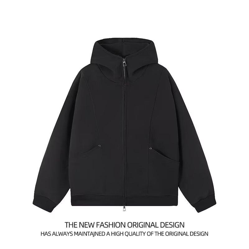 

2025 Новый свитшот в гонконгском стиле Свободный простой свитшот с капюшоном Кардиган унисекс Модный стильный универсальный 3XL чёрный