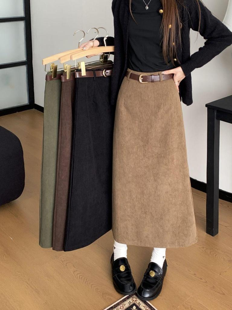 Gonna midi in velluto a coste rétro a vita alta da donna - Vestibilità slim, Design autunno/inverno, Linea ad A dritta che copre i fianchi