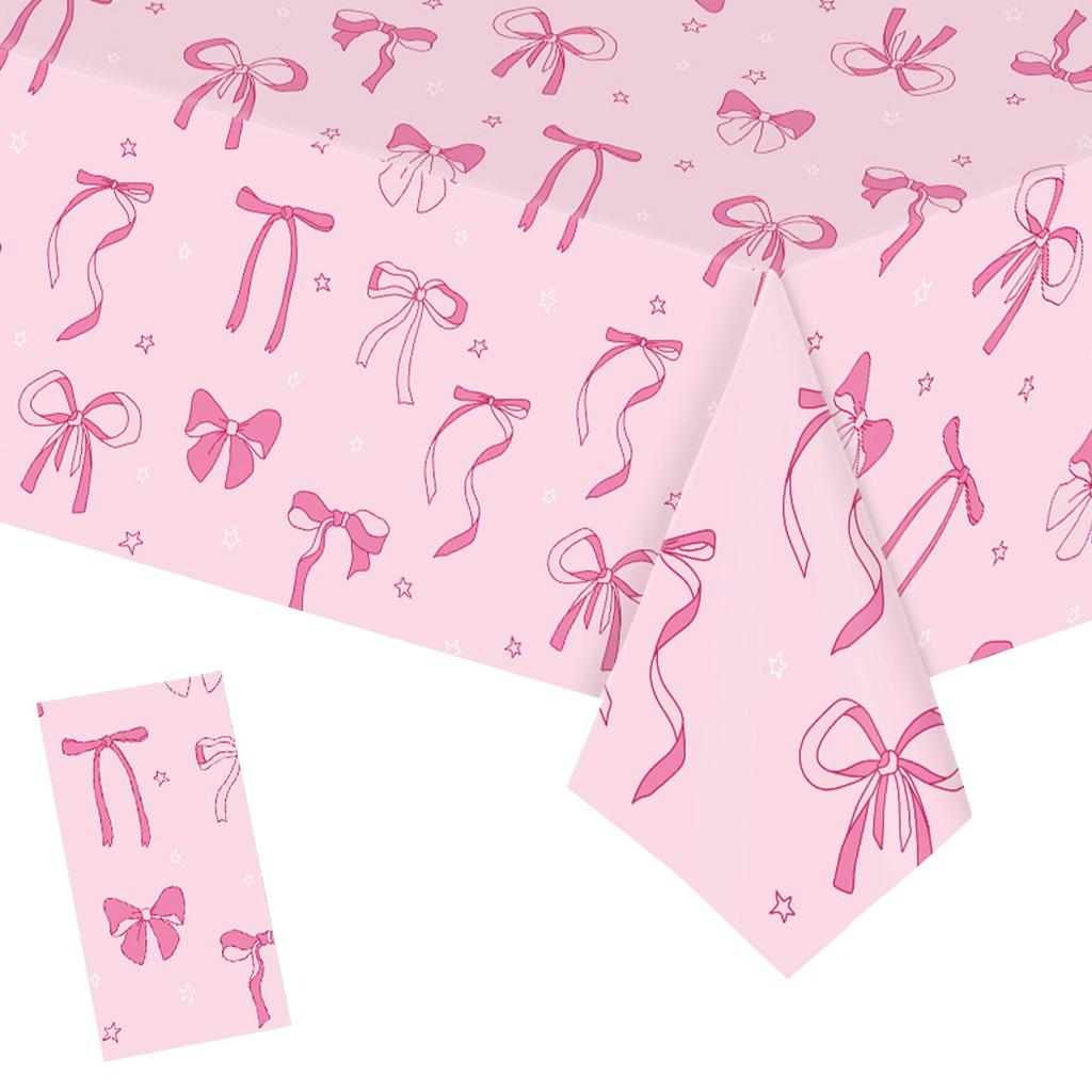 Bow Table Cloth Rectangle Table Party Supplies Bow Theme Disposable Plastic Table Covers Bow Birthday Decorations For Women Girls Bridal Baby Shower