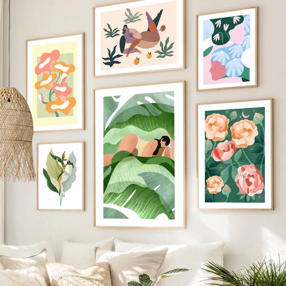 Scandinavian Style Boho Abstract Wall Art Prints, Abstract Poster, Coral Leaves Flower Gallery, Aesthetic Room Decor, Modern Fas