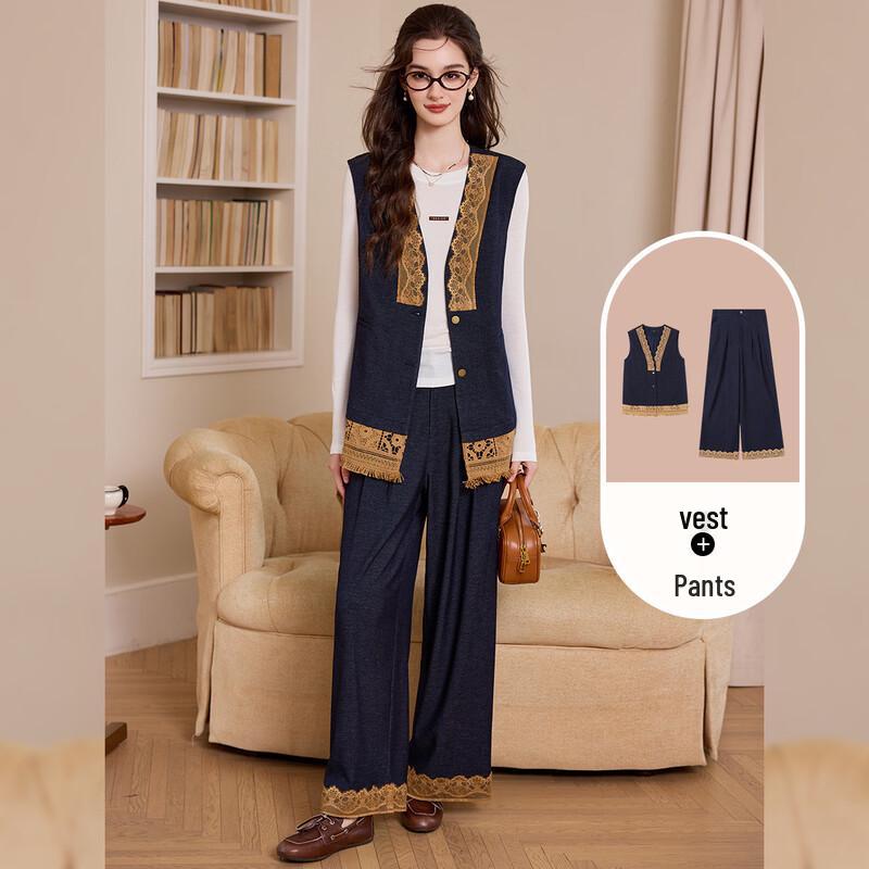 Women's Retro Lace V-Neck Vest & Straight-Leg Pants Set