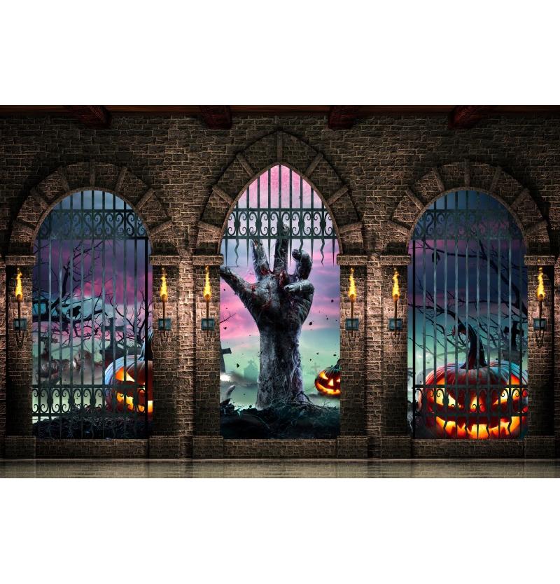 Medieval Castle Backdrop Halloween Decoration Brick Wall Iron Gate Pumpkin Graveyard Gothic Party Backgrounds for photographs