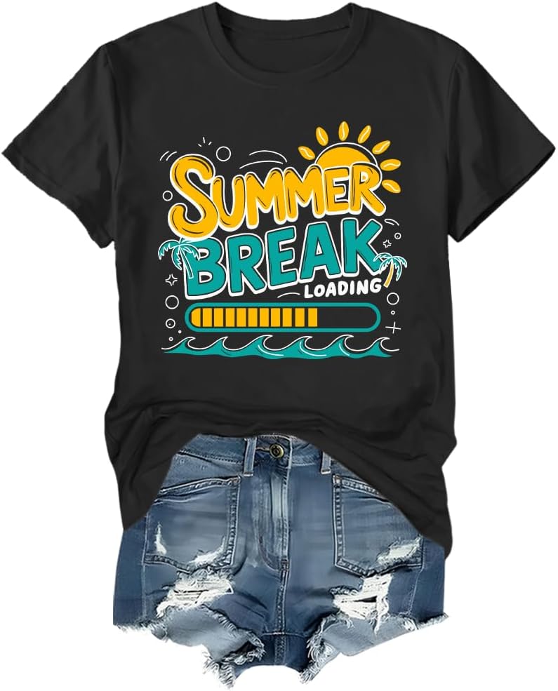 Summer Break Loading Shirt Teacher Student Vacation T-Shirt Funny Graphic Tee S