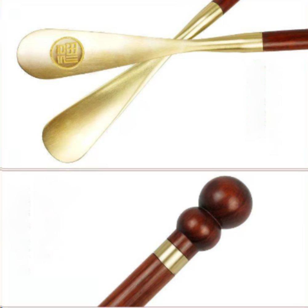Portable Long Handle Wooden Shoes Lifter Wood Brass Head Shoe Horn Wearing Long Handle