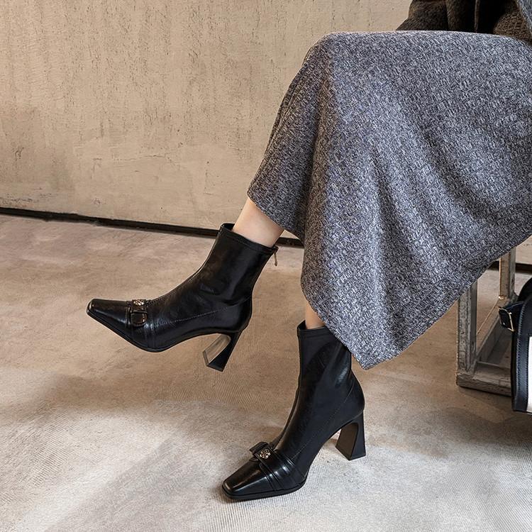 Klopf sanft klopf bequeme Kamelie quadratischer Kopf High Heel kurze Stiefel 2025 Herbst dünner Reißverschluss hinten Mode Stiefel Damen