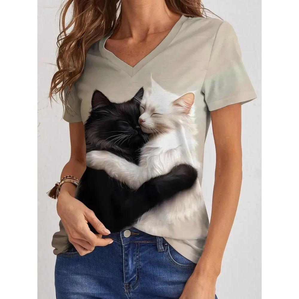 Summer V-neck Cute Cat Pattern 3D Printed Top Fashionable Casual Short Sleeved Women's T-shirts