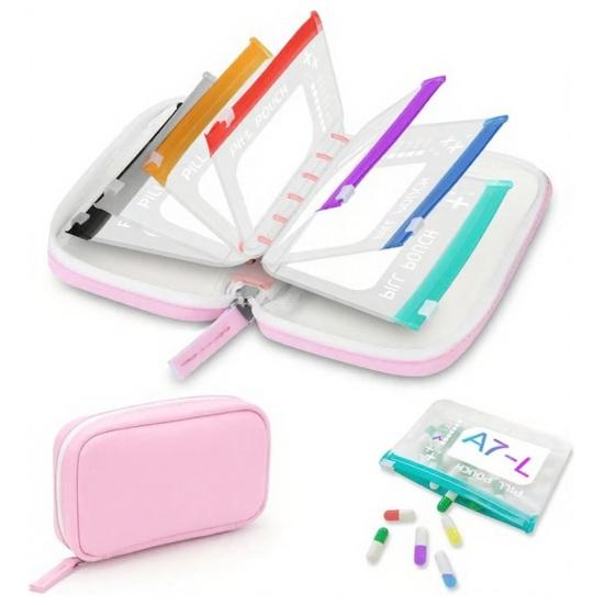 Pill Organizer with 14PCS Clear Zipper Bags Inside Medicine Case Waterproof Portable Travel Storage Holder for Daily Supplements