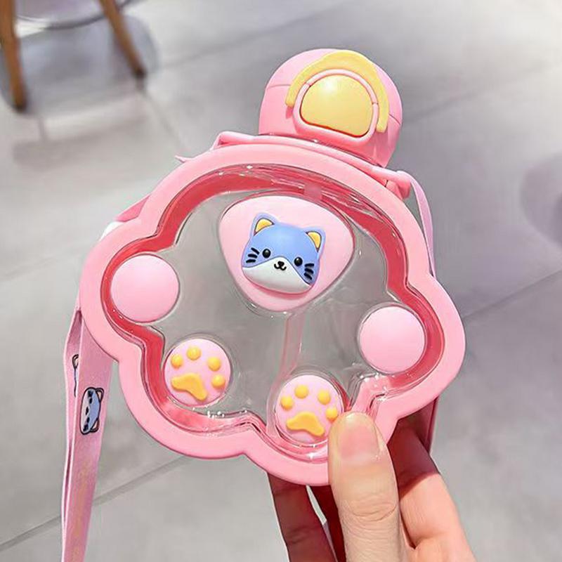 Cute Water Bottle With Straw 0.67oz Cat Paw Design Children Drinking Cup Large Capacity Shoulder Strap Leakproof Kettle For