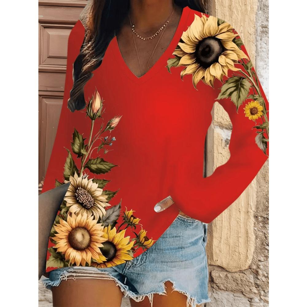 Women's Casual Fashion Printed V-Neck Long Sleeve T-Shirt - A Casual and Elegant Top