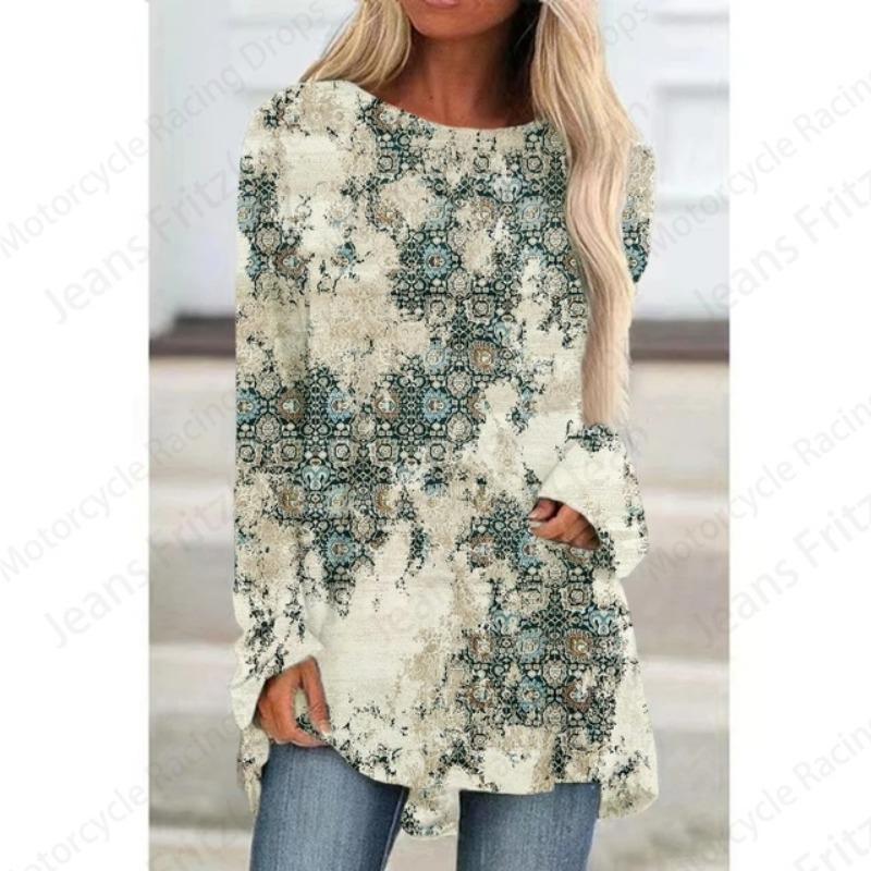 European Pattern 3d Print Women Fashion T-shirt Long Sleeve Tunic Top Casual Long Tops Floral Lady Clothes Y2K