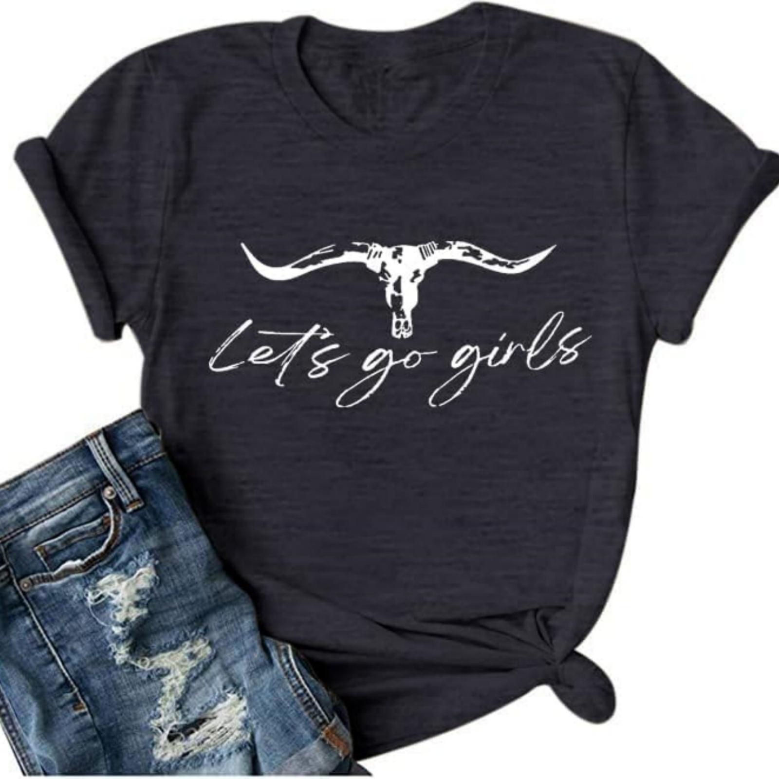 Let s Go Girl Shirt Women Western Bleached T-Shirt Retro Country Music Tee Shirt Cowgirls Shirts Short Sleeve Tops S