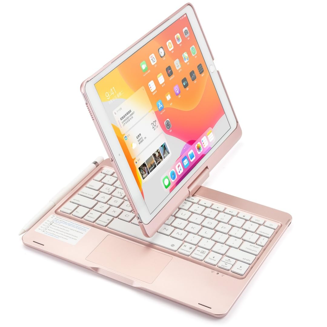 

Вращающийся чехол-клавиатура для iPad iPad Air Чехол-клавиатура со встроенным розово-золотым 360-градусным 10,2-дюймовым (9/8/7 поколение), Тачпад, с подсветкой,