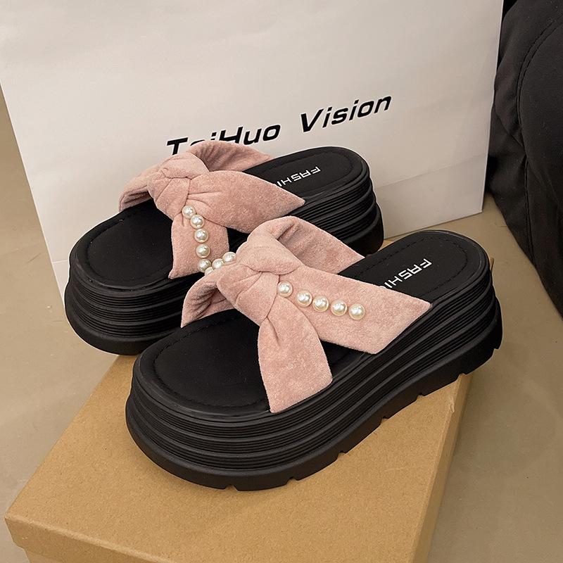 Pearl cross cool slippers women's summer wear popular new round head with skirt thick-soled beach slippers