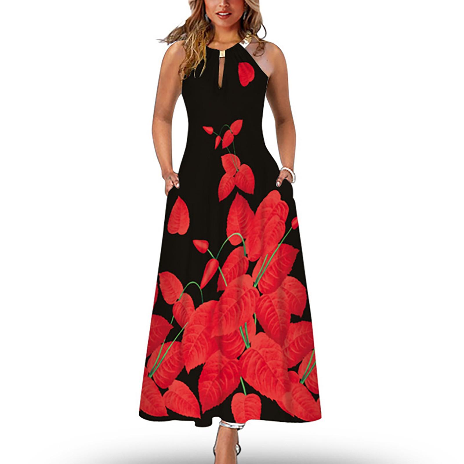 

Женское повседневное сексуальное длинное платье с круглым вырезом и металлической пуговицей с принтом S красный