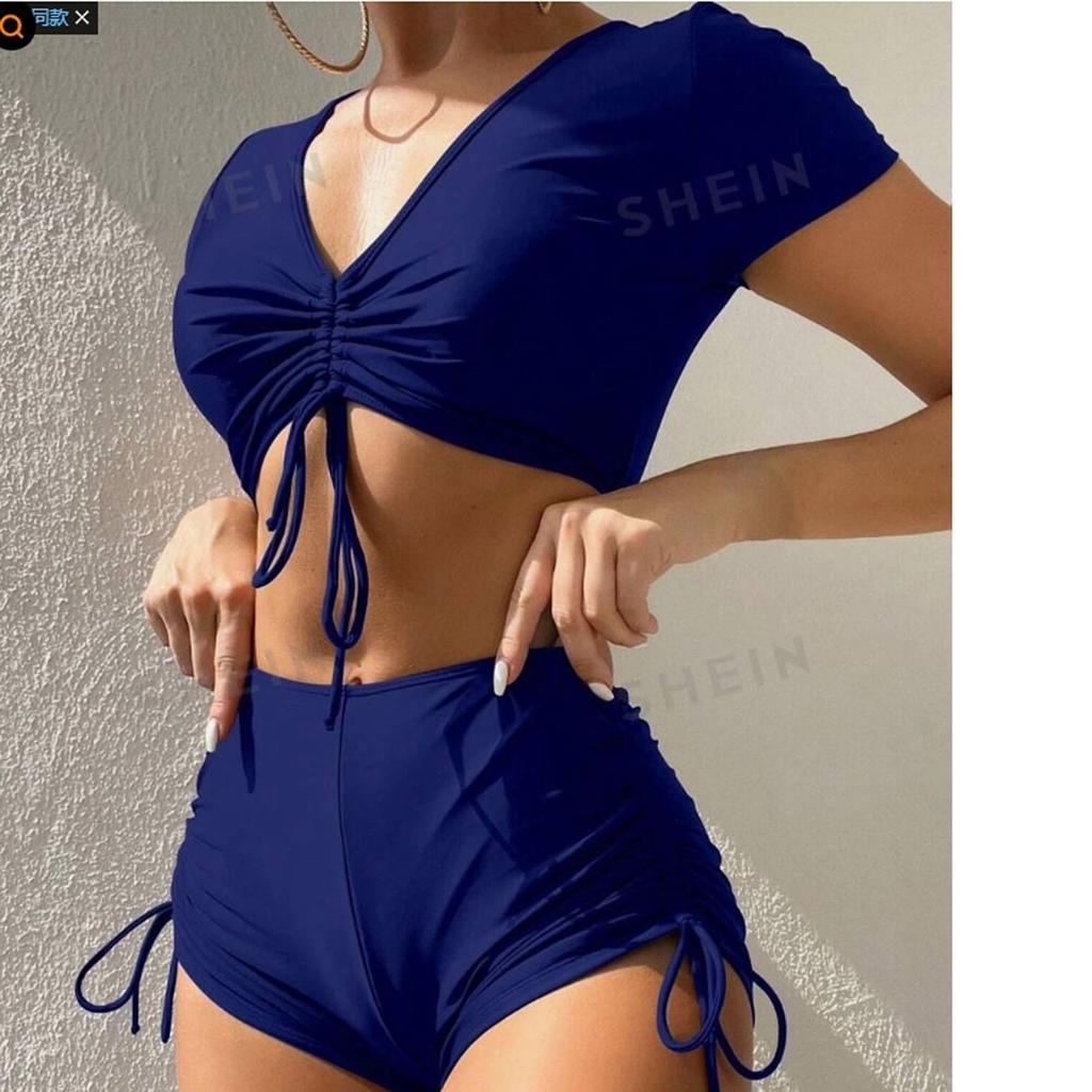 Women's Sexy Split High Waisted Short Sleeved Swimsuit Two-Piece Swimsuit Set