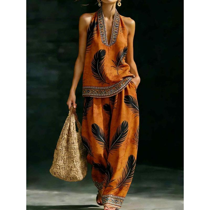 1116 set European and American women's clothing printed neck V-neck sleeveless casual pants set