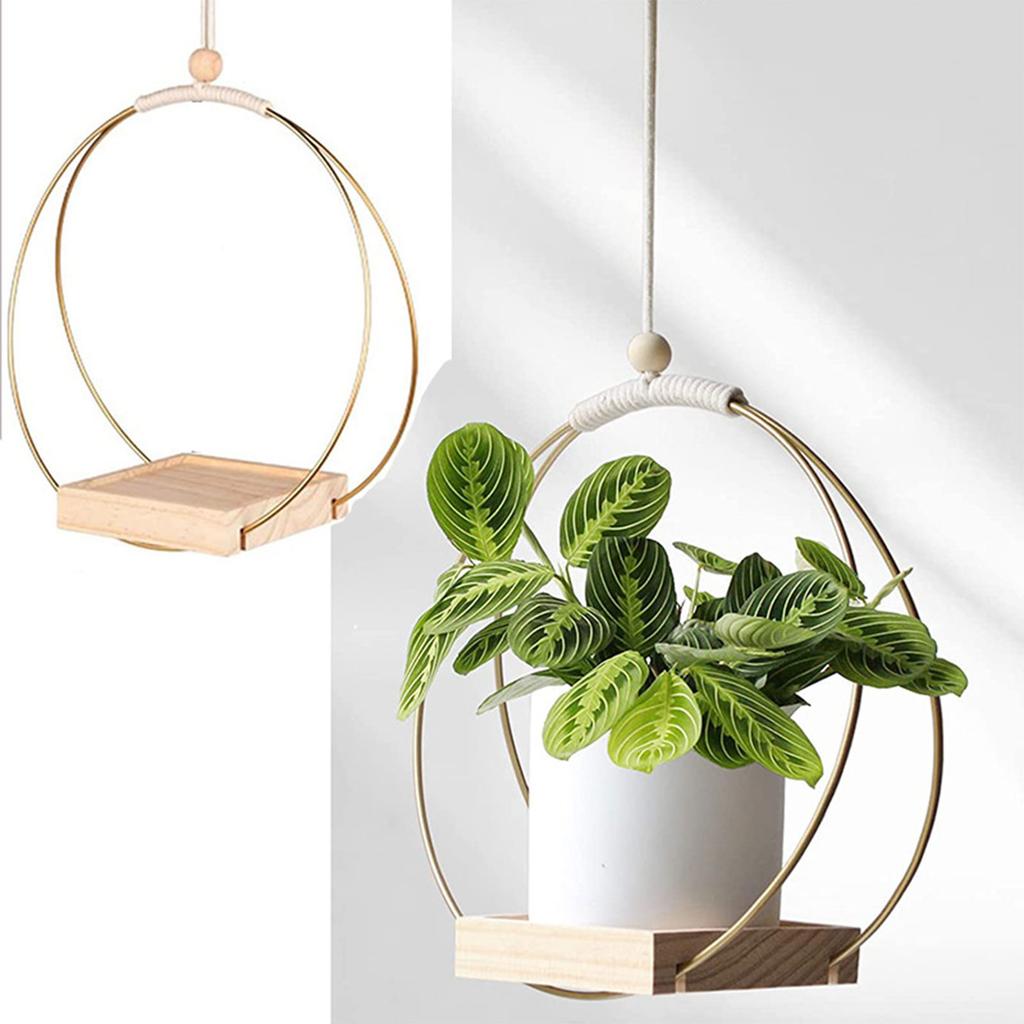 Macrame Hanging Basket Holder Golden Flower Pot Hanger Hanging Plant Wooden Hanging Basket for Indoor Outdoor Garden