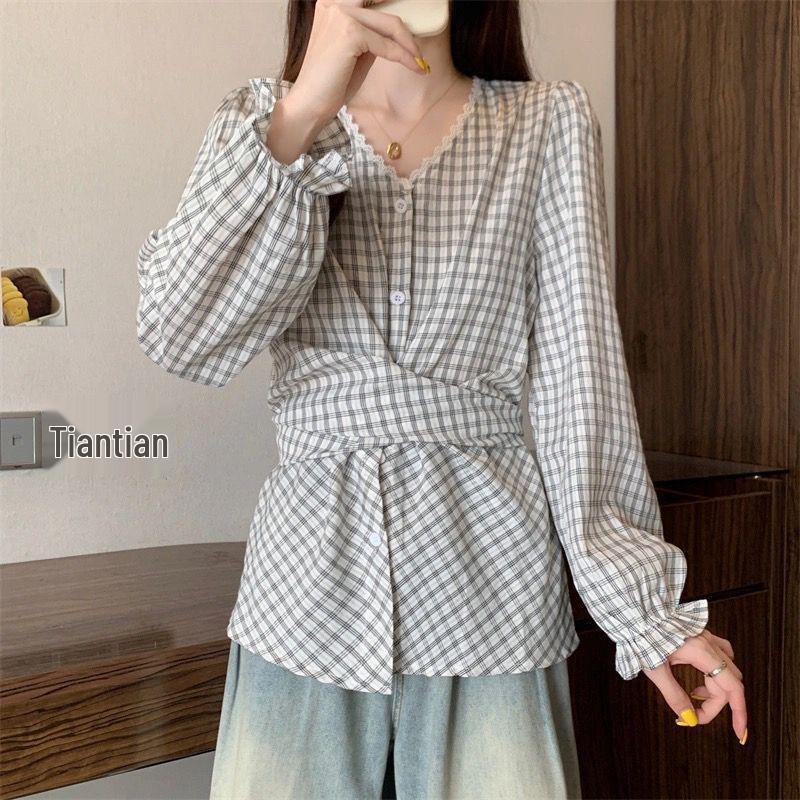 

Plus Size Women s Plaid Lace-Trim Shirt with Waist Cinch & Irregular Long Sleeves 2XL (140-160 jin) білий