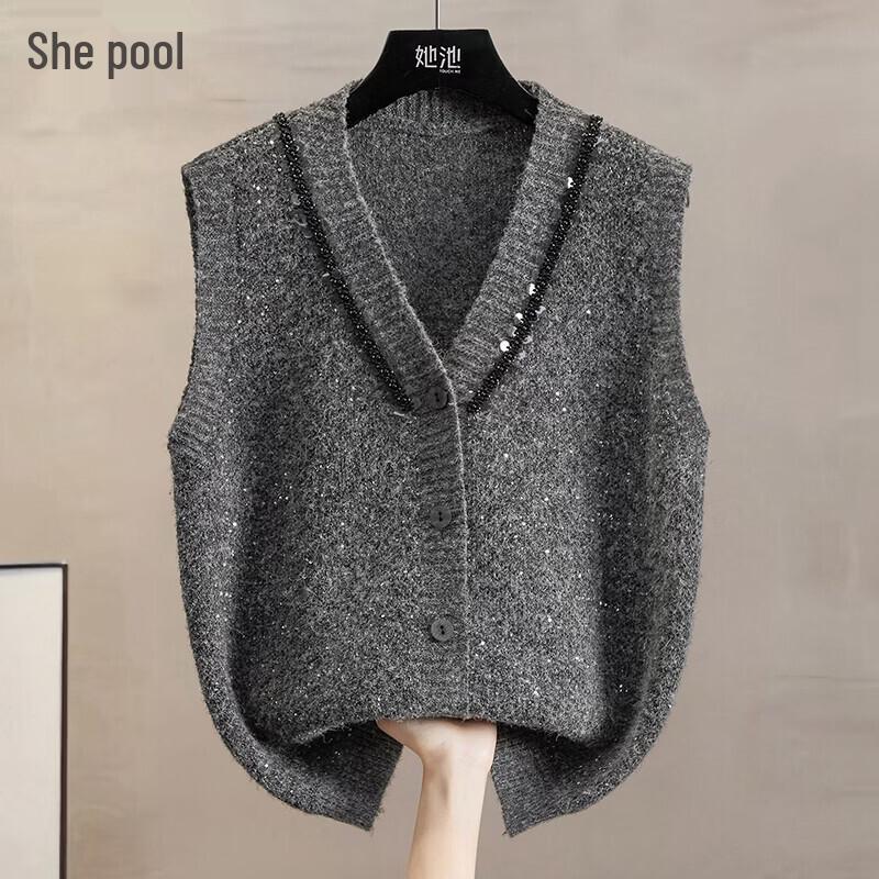Women s V-Neck Knitted Button-Front Vest One Size