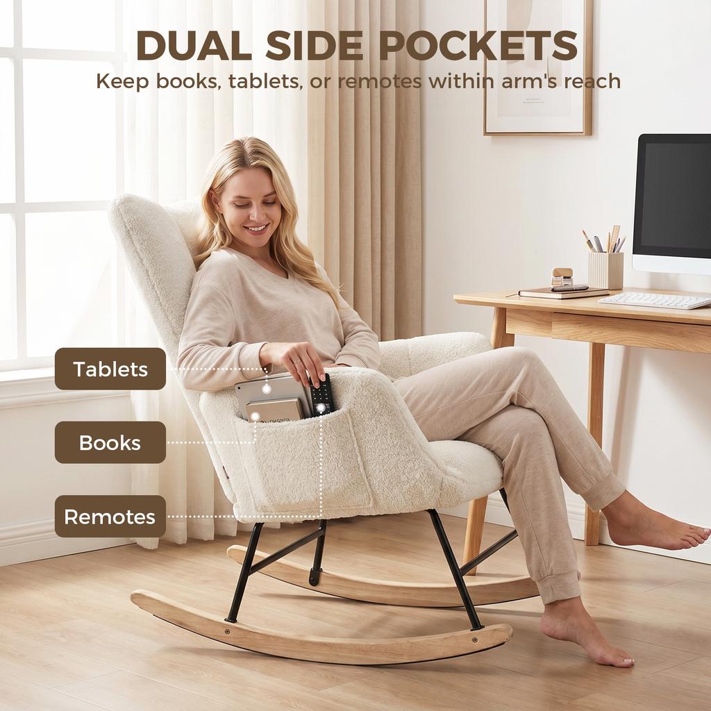 Rocking Chair with Side Pockets, Wingback Rocker Chair, Cream White