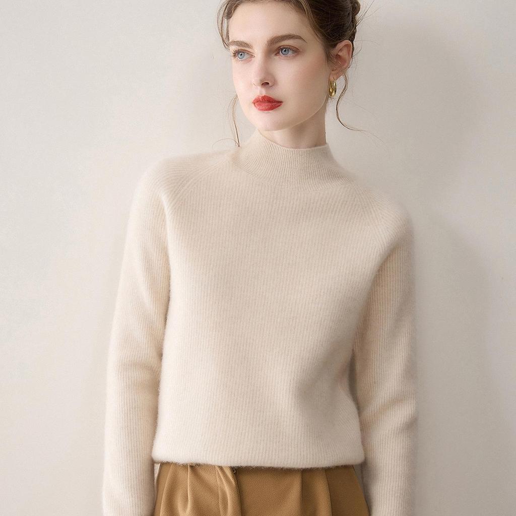Women's Cashmere Knit Top, Half-High Neck, Loose Fit, Slimming, Thick Sweater for Autumn/Winter