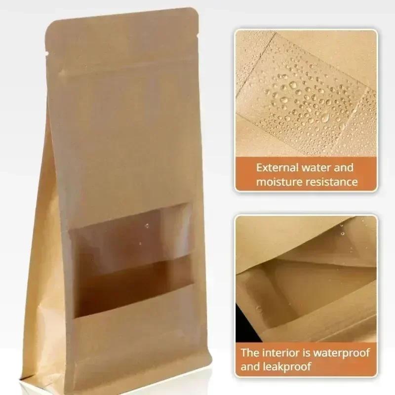 50pcs Widen Side Seal Kraft Paper with Matte Window Stand Up Bag Tea Nut Seal Up Package Bags Moisture-proof Zipper Show Pouch