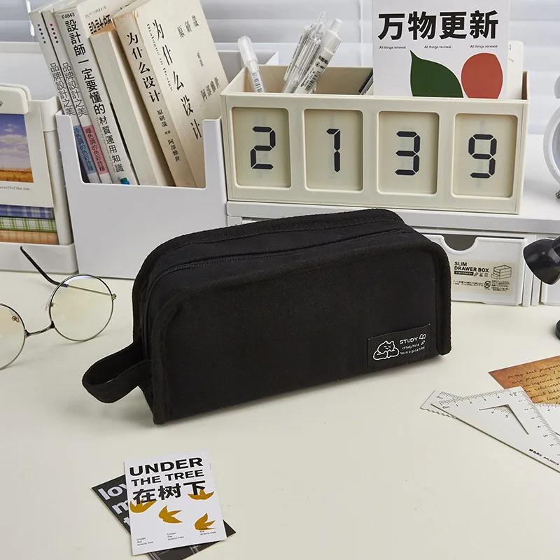 

Ins Simplicity Pencil Case Solid Color White Black Canvas Pencil Bag High Capacity Stationery Storage Bag School Student Supply чёрный