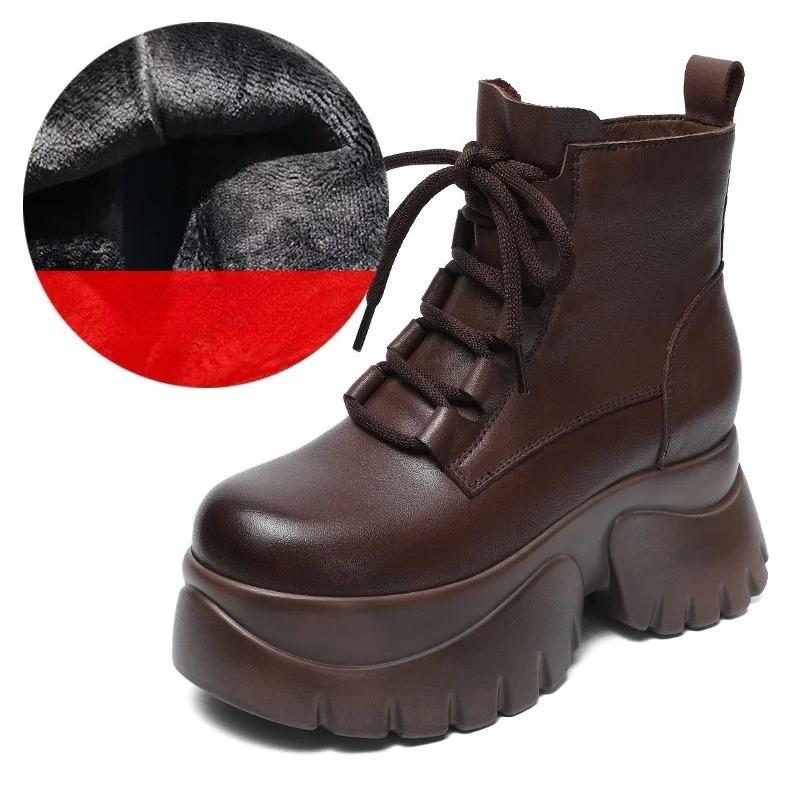 Johnature Plateau-Stiefeletten mit dicker Sohle zur Absatzvergrößerung, Damen, Echtes Leder