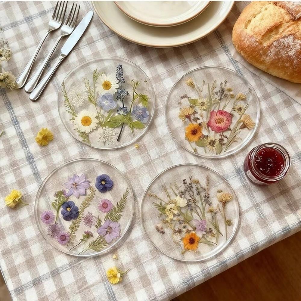 4pcs New 2D Flat Acrylic Coasters Round Wildflower Print Design Table Coaster Colorful Cup Mat Tabletop Decorations